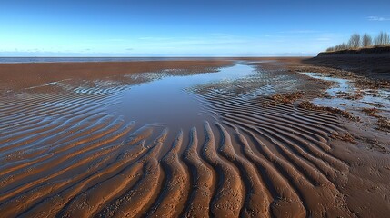 Sticker -   A vast expanse of water resting upon a sandy shore adjacent to a beach filled with an abundance of sand