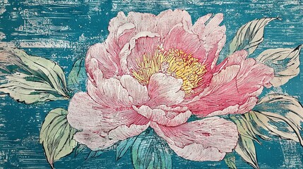 Sticker -   A painting of a pink flower with green leaves against a teal-blue background and a white-yellow center