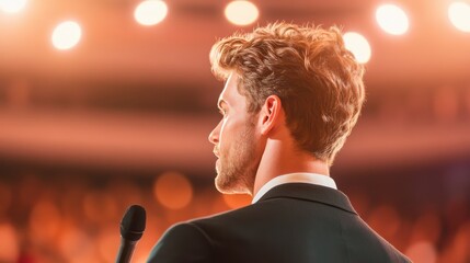 Poster - a speaker presenting a compelling presentation at a business conference, engaging the audience with 