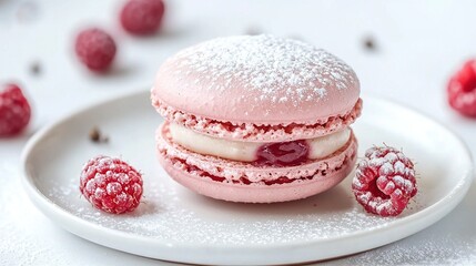 Canvas Print -  White plate, pink macaroni & cheese, dusted with powdered sugar, adorned with raspberries