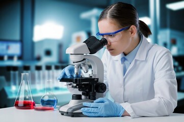 Poster - Medical Research Scientist Use Microscope To Analyze Sample.