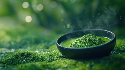 Poster -   A lush green field is covered in soft green grass while a bowl of steaming green tea rests atop it, surrounded by the soothing sights and sounds of a nearby forest