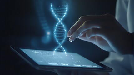 Poster - Luminous DNA Strand on Tablet in Medical Setting
