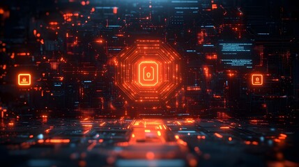 A sleek, modern graphic illustrating cybersecurity. Include glowing digital locks, a dark background with circuits and code, and a sense of protection and advanced technology