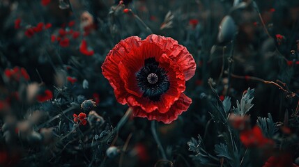 Poster -   A close-up of a red flower in a green meadow with red flowers surrounding it