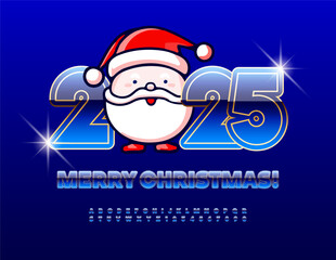 Vector funny Greeting Card Merry Christmas 2025 with cute Santa Claus! Unique Blue and Gold Font. Trendy Glossy Alphabet Letters and Numbers set.