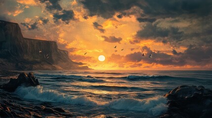 Wall Mural - Majestic coastal landscape at sunset. Generative AI image