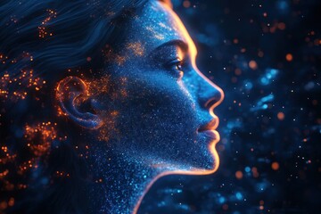 Canvas Print - Digital Portrait of a Woman with Glowing Particles