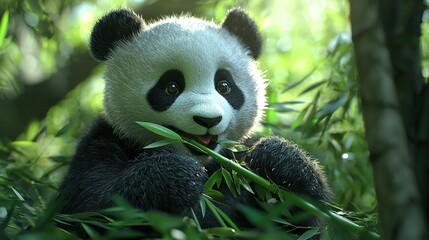 Poster -   Close-up of a panda eating bamboo in a forest with trees, grass, and a blue sky