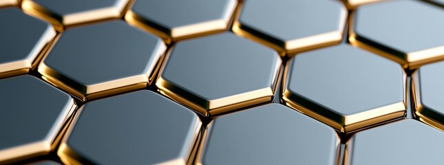 Poster - Glowing gold, brown, gray and black hexagonal 3D shape texture wall background illustration with futuristic digital geometric technology (Stock)