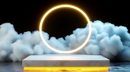 Aufkleber - Abstract cloud illuminated with neon light ring on dark night sky. Glowing geometric shape, round frame.