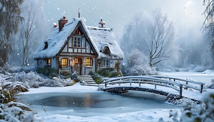 Snow Falling on a Picturesque Cottage by a Frozen Pond