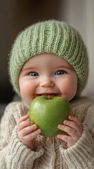 Wall Mural -   A small child with a green hat holds a green apple in front of his face, wearing a green knitted hat