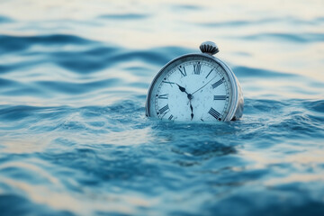 A vintage clock floats delicately in tranquil water, symbolizing the fleeting nature of time captured in a serene moment