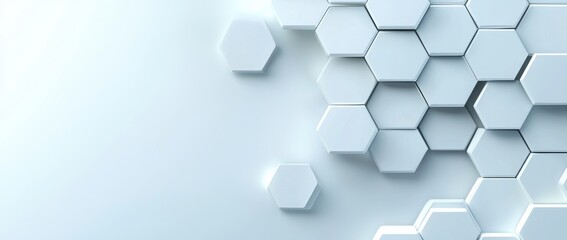 Poster - With copy space, a panorama background wallpaper shows a random shifted white hexagon honeycomb pattern.