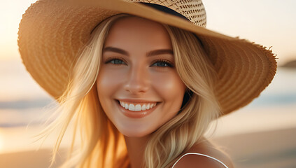 closeup blonde woman straw hat smiling beach sunset youthful pretty model enjoying golden hour sand