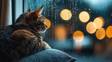 Sticker -   Cat perched on windowsill, gazing at rain-drenched street with illuminated backdrop