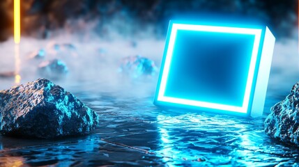 Aufkleber - The background is a 3D rendering with a neon geometric shape and a stormy cloud in the night sky. The frame is a rhombus with a copy space.
