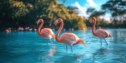 Wall Mural - pink african flamingos walking together in the wild, offering a glimpse into their tropical habitat 