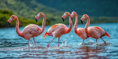 Wall Mural - pink african flamingos walking together in the wild, offering a glimpse into their tropical habitat 