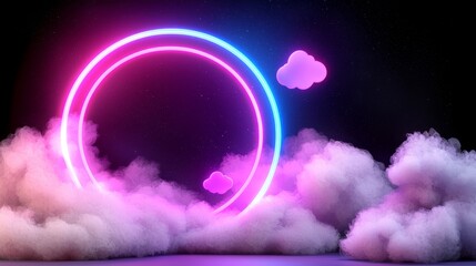 Aufkleber - The abstract background of the render shows a colorful neon ring inside a stormy cloud on the dark sky.