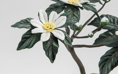 Poster - Delicate white flowers bloom amidst lush green leaves in a serene botanical display captured on a soft gray background