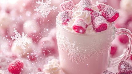   A table is covered in snowflakes, and a cup holding marshmallows and raspberries rests on it