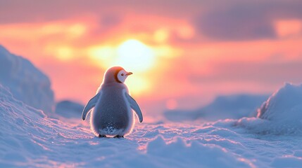 Sticker -   A tiny penguin poses against a snowy background with the setting sun in the distance