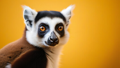 lemur portrait yellow background curious animal looking camera