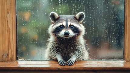 Poster -   A raccoon perched on a windowsill, gazing outside as raindrops cascaded down the glass