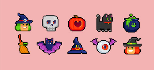 Poster - Pixel art Halloween icons set of funny witch, hat, night cat, bat, potion, pumpkin - editable vector in retro video game style
