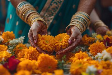 Indian woman dressed in Hindu holding orange marigold flowers for decoration house or temple. Indian wedding. Hindu Puja. Festival Vishu celebration. Ugadi, Gudi Padwa, Diwali. Closeup