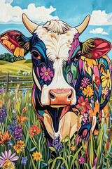 Wall Mural - gentle cow with bold, colorful, grazing in a pasture. Surround the cow with tall grasses, wildflowers, and a few distant trees