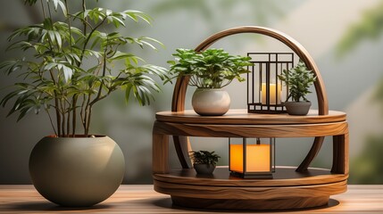 Two layer wooden round side table with Chinese bamboo plant, jewelry fashion product display.