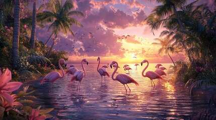 Poster -   Flamingos stand in water, palm trees backdrop, sunset in background