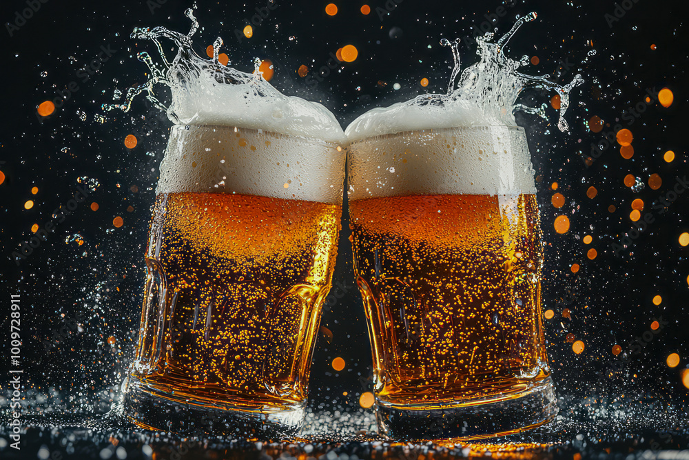 Cheers Two beer glasses clinking with frothy splashes on dark backdrop ...