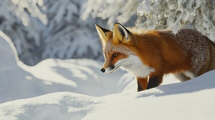 Sticker -   A close-up of a fox in the snow, surrounded by trees and snow-covered ground