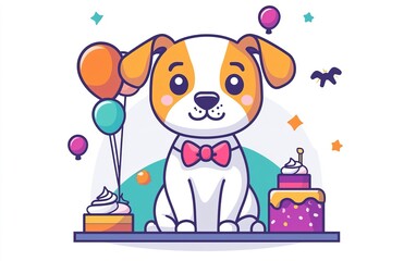 A cheerful dog adorned with a bowtie surrounded by colorful balloons and festive cakes during a joyful celebration