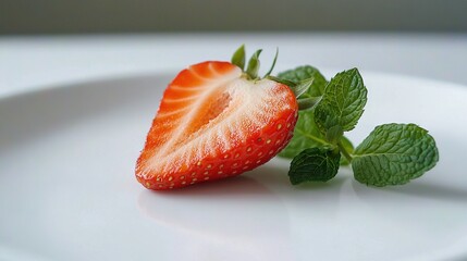 Poster -   A macro shot of a strawberry on a white platter, surrounded by green foliage