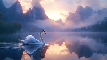 Poster -   A white swan glides on a lake, framed by a mountain cloaked in fog and cloudy skies during sunset