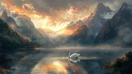 Poster -   A swan swimming in a lake against a backdrop of majestic mountains and billowy clouds