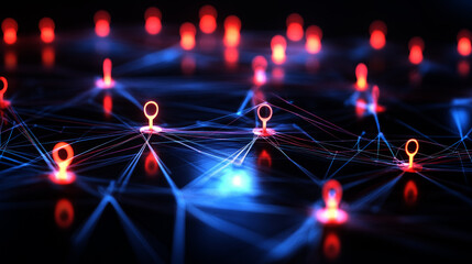 Poster - Abstract digital network with glowing connections and people icons on a dark background,	
