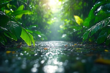 Sunlight through the trees on a rainy day in a tropical forest