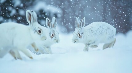 Wall Mural -   Two white rabbits darting through the snow amidst falling snowflakes against a backdrop of tall trees