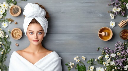 Wall Mural - A young woman with bright eyes wears a towel on her head, resting amidst an array of flowers, herbs, and natural skincare ingredients, exuding tranquility and beauty