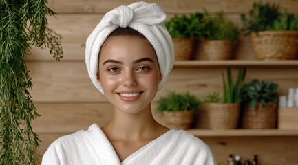 A young woman with bright eyes wears a towel on her head, resting amidst an array of flowers, herbs, and natural skincare ingredients, exuding tranquility and beauty.