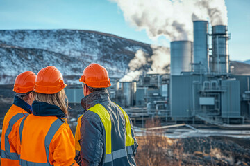 Wall Mural - Engineers Investigate Geothermal Power Plant, Examining Heat Extraction Tech as Steam Rises, Showcasing Cutting-Edge Energy Innovation.