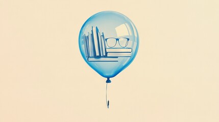 Poster -   A blue balloon with glasses hanging off its side by a string