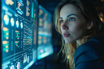 cinematic shot capturing the intense focus of a businesswoman analyzing a graph on her computer screen in a modern office setting.