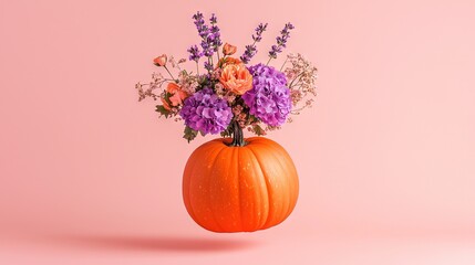 Poster -   An orange-filled vase sits beside a pink table, its purple and orange flowers spilling out onto the surface